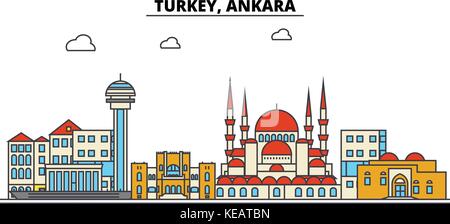 Turkey, Ankara. City skyline architecture, buildings, streets, silhouette, landscape, panorama, landmarks. Editable strokes. Flat design line vector illustration concept. Isolated icons set Stock Vector