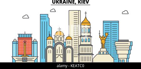 Ukraine, Kiev. City skyline architecture, buildings, streets, silhouette, landscape, panorama, landmarks. Editable strokes. Flat design line vector illustration concept. Isolated icons set Stock Vector