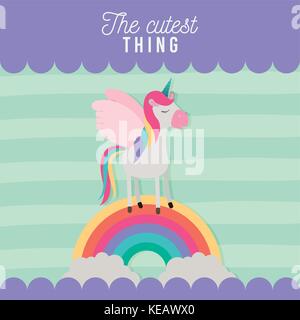 the cutest thing poster with unicorn over rainbow and lines colorful background Stock Vector