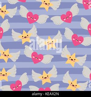 stars and hearts with wings pattern and lines colorful background Stock Vector