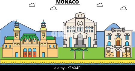Monaco, Mediterranean sea. City skyline, architecture, buildings, streets, silhouette, landscape, panorama, landmarks. Editable strokes. Flat design line vector illustration concept. Isolated icons Stock Vector
