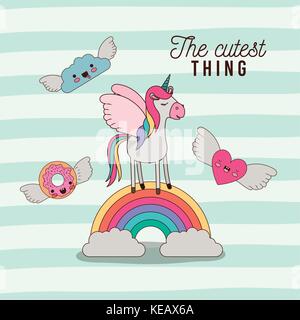 the cutest thing poster with unicorn over rainbow with cloud and heart and donut with wings and lines colorful background Stock Vector
