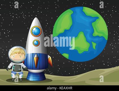 Astronaunt standing on planet with earth background Stock Vector