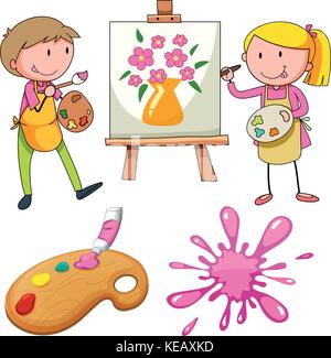 Artists painting flowers on canvas Stock Vector