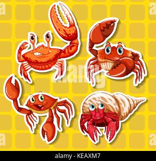 Stickers of four different crabs on yellow background Stock Vector