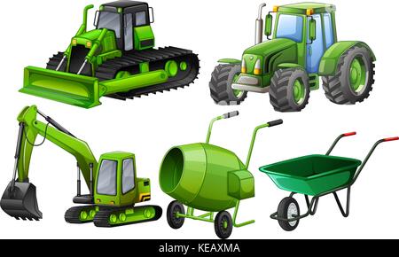 Flashcard of green color theme with construction machines Stock Vector