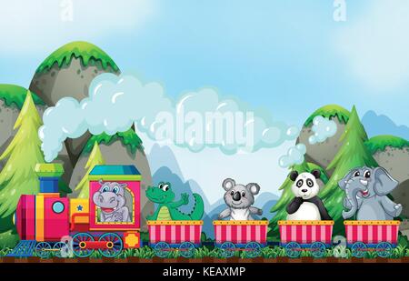 Many animals riding on the train in the park Stock Vector
