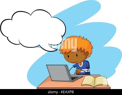 Boy doing his assignment on a laptop	 Stock Vector
