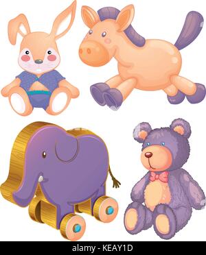 Stuffed animals and wooden elephant toy Stock Vector