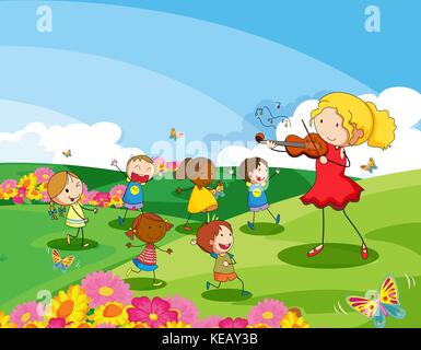 Girl playing violin for the children in the park Stock Vector