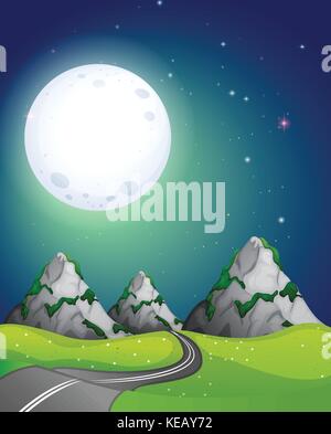 Empty road to the mountain in the fullmoon night Stock Vector