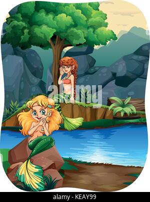 Two mermaids sitting on rock by the river Stock Vector