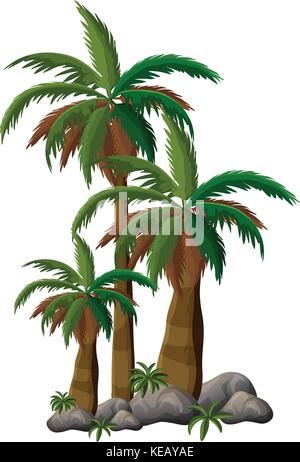 Three palm trees by the rocks Stock Vector