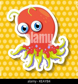 Sticker of an octopus with antenna on yellow dots background Stock Vector