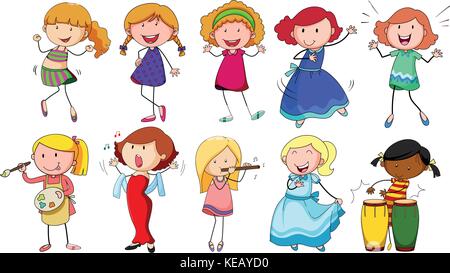 Set of girls doing different activities on a white background Stock Vector