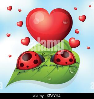 Illustration of two lay bugs on a leaf with hearts Stock Vector