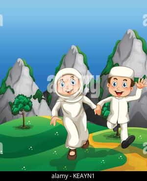 Muslim couple holding hands in the park Stock Vector
