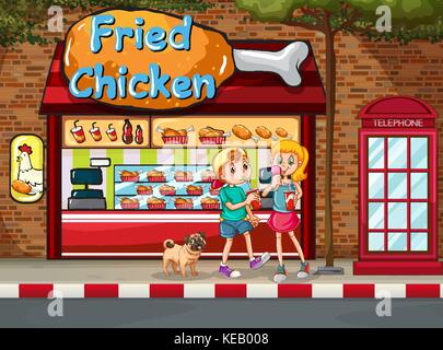Children eating junkfood in front of fried chicken shop Stock Vector