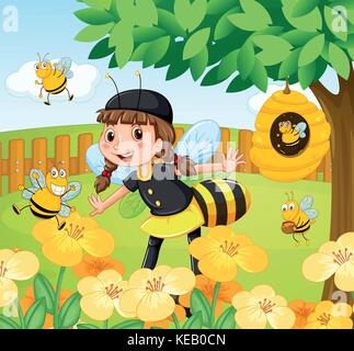 Girl in bee costume standing in a garden full of bees and flowers with a beehive on a tree	 Stock Vector