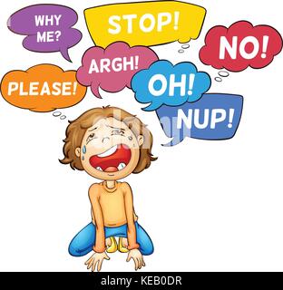Boy crying with many bubble speech Stock Vector