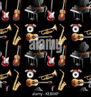 Seamless musical instrument on black background Stock Vector