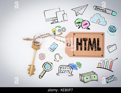 HTML Computer Coding, Website Concept. Key and note on white background  Stock Photo