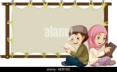 Muslims reading books and blank banner Stock Vector