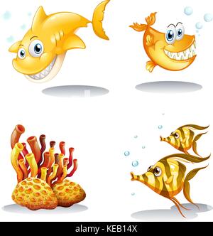 Set of yellow fish and coral reef Stock Vector