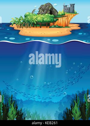 Underwater scene with island on the top Stock Vector