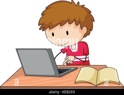 Boy working on his laptop with a book lying open on the table	 Stock Vector