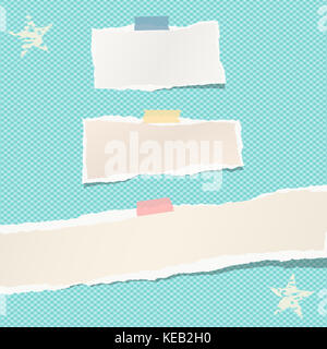 Ripped paper strips, notebook, note for text or message stuck with colorful sticky tape on blue squared background with stars Stock Photo
