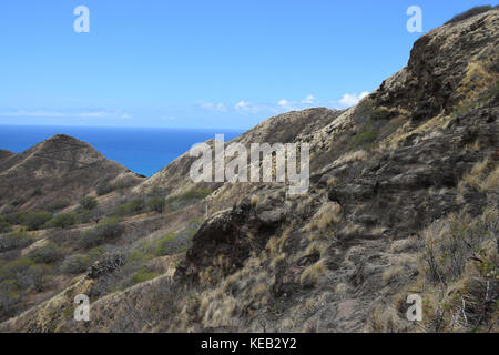 Hiking up to the summit of Diamond Head on the island of Oahu, Hawaii, offers spectacular views of the ocean below. Stock Photo