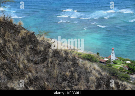 Hiking up to the summit of Diamond Head on the island of Oahu, Hawaii, offers spectacular views of the ocean below. Stock Photo