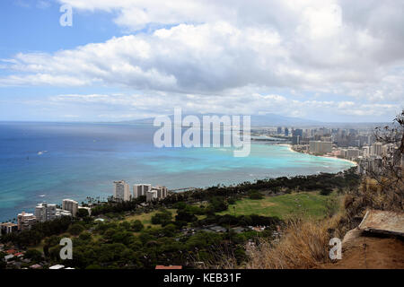 Hiking up to the summit of Diamond Head on the island of Oahu, Hawaii, offers spectacular views of the ocean below. Stock Photo