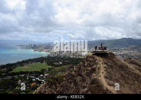 Hiking up to the summit of Diamond Head on the island of Oahu, Hawaii, offers spectacular views of the ocean below. Stock Photo