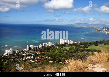 Hiking up to the summit of Diamond Head on the island of Oahu, Hawaii, offers spectacular views of the ocean below. Stock Photo