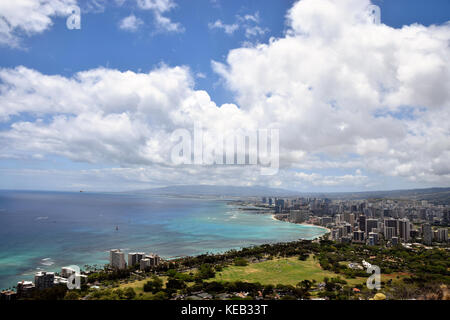 Hiking up to the summit of Diamond Head on the island of Oahu, Hawaii, offers spectacular views of the ocean below. Stock Photo