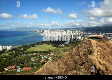 Hiking up to the summit of Diamond Head on the island of Oahu, Hawaii, offers spectacular views of the ocean below. Stock Photo