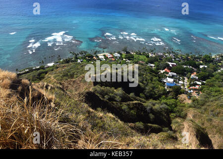 Hiking up to the summit of Diamond Head on the island of Oahu, Hawaii, offers spectacular views of the ocean below. Stock Photo