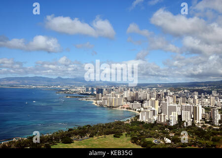 Hiking up to the summit of Diamond Head on the island of Oahu, Hawaii, offers spectacular views of the ocean below. Stock Photo