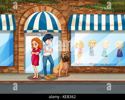 Man and woman looking angry in front of the shop Stock Vector