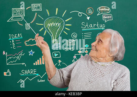 Happy Senior Female Teacher Explaining Diagram On Blackboard With Pointer Stock Photo