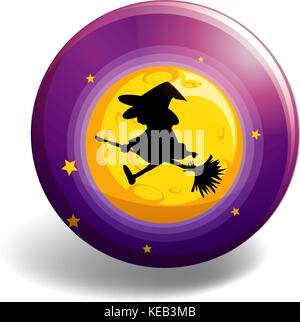 Silhouette witch on broom stick flying over the moon Stock Vector