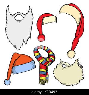 Set of winter scarfs and caps Santa's beard with different colors and styles. Winter cap clothes, fashion accessory clothing knitted, vector illustrat Stock Vector