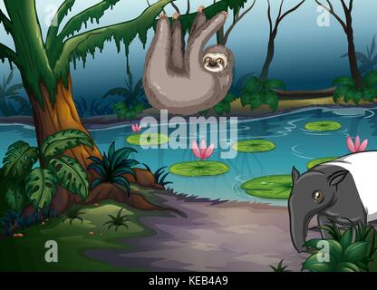 Animals living by the pond in the forest Stock Vector