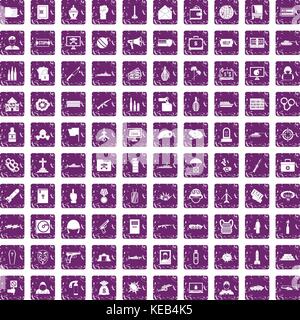 100 war icons set grunge purple Stock Vector