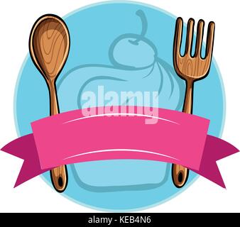 Pair of wooden fork and spoon with pink ribbon for texting Stock Vector