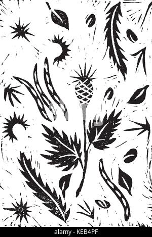 Hand drawing linocut. Autumn plants. Vector. Seamless pattern. Black and white. Seeds thistles leaves Stock Vector