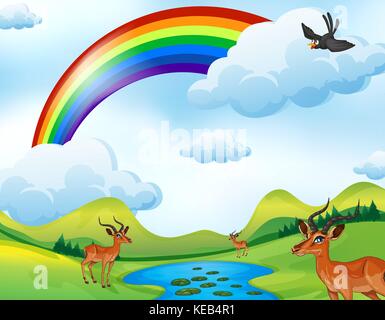 Deers in the field with rainbow in the sky Stock Vector