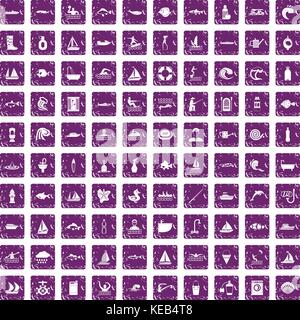 100 water icons set grunge purple Stock Vector